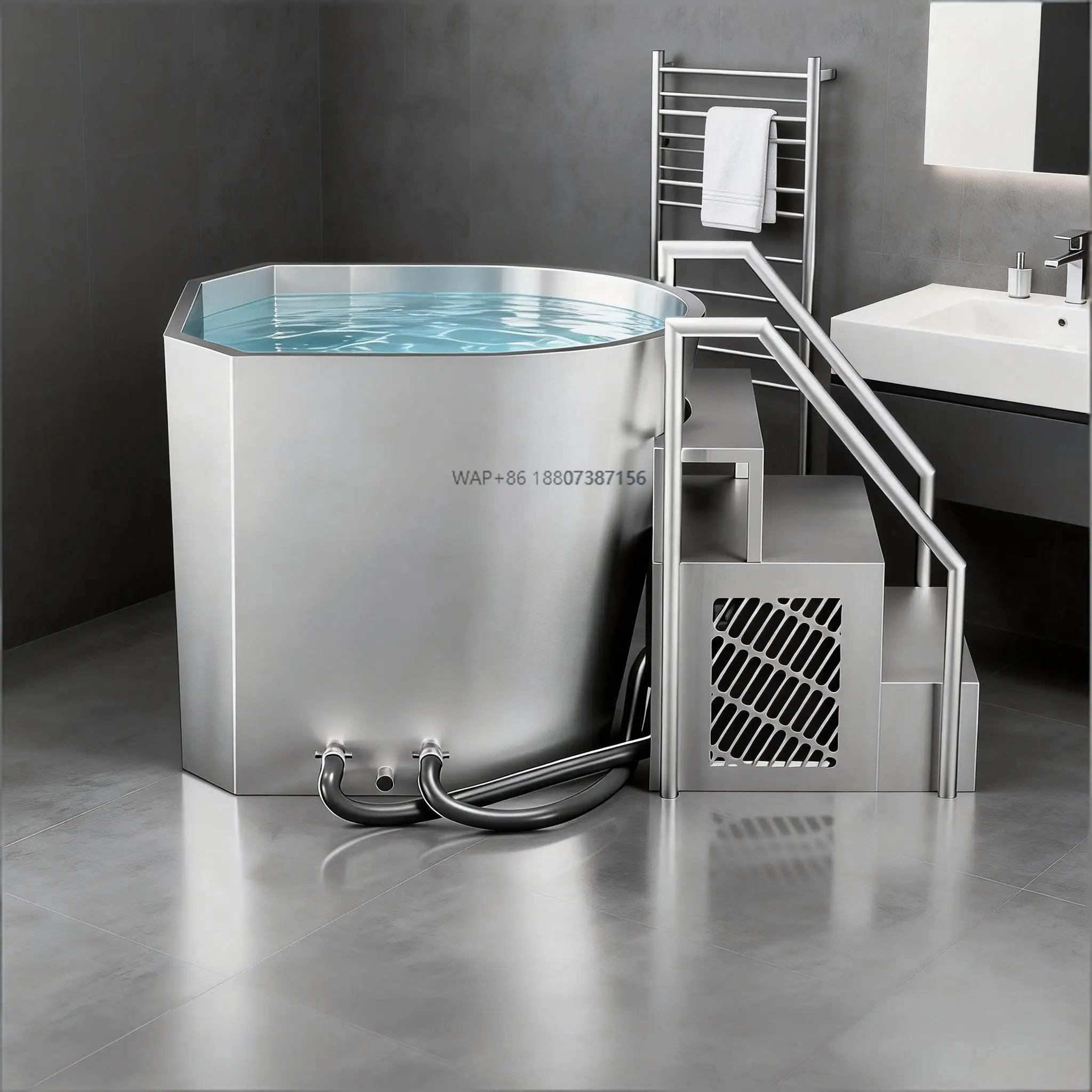 

Custom Freestanding All-in-one Cold Plunge Tub with Integrated Chiller, Stainless Steel, CE Certified
