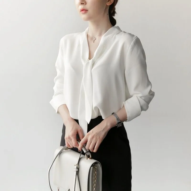 Women Spring Autumn Style Blouses Shirts Lady Casual Long Sleeve Bow Tie Collar Solid Color Blusas Tops WY1041