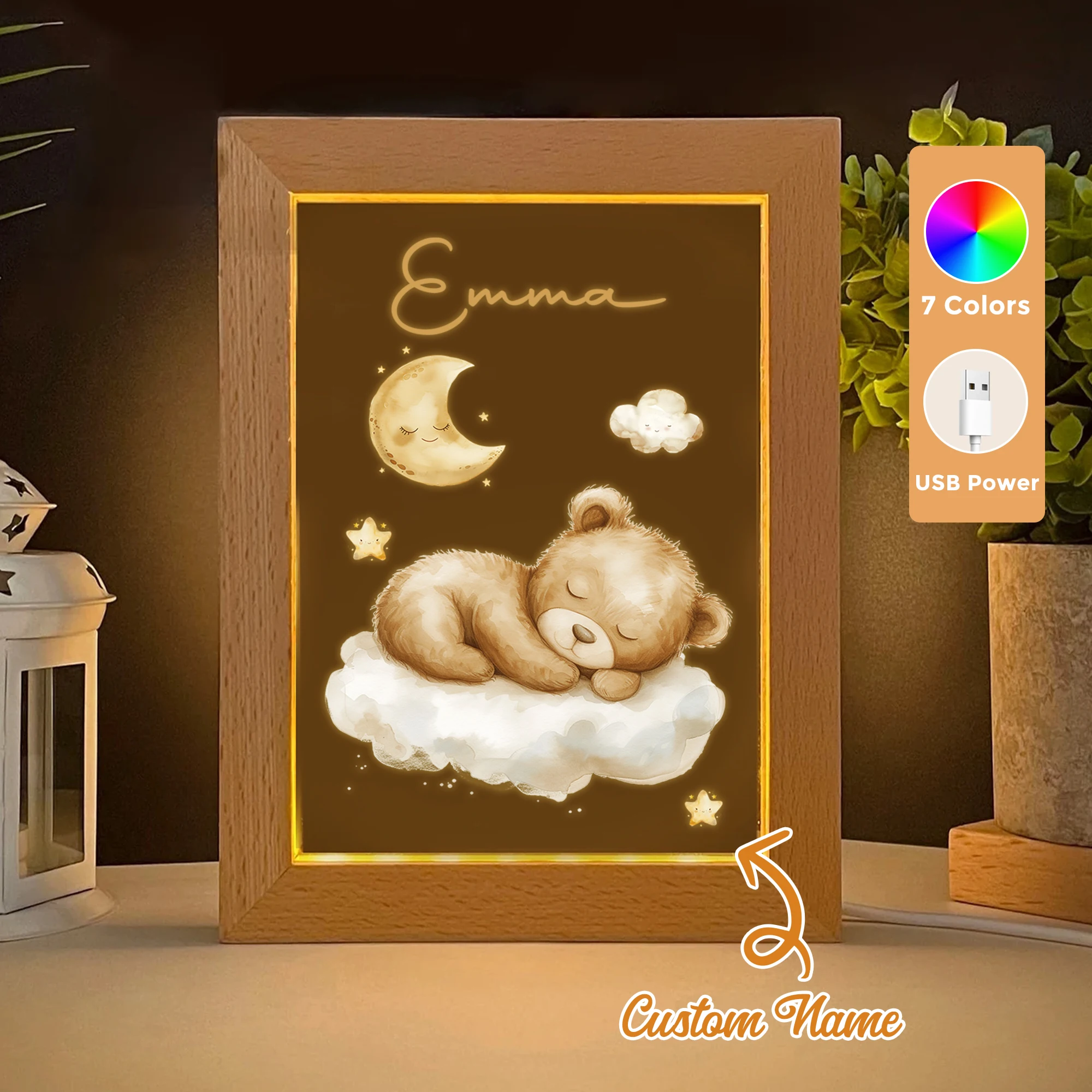 

2D Flat Custom Name Bear Sleeping LED Acrylic Night Light Wood Photo Frame 21x17cm Cartoon Children Bedroom Gifts Home Decor