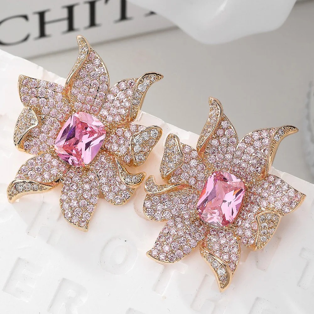 

Missvikki New Luxury Romantic Flower Stud Earrings Full Elegant Shiny Cubic Zirconia for Women Bridal Wedding Party Jewelry