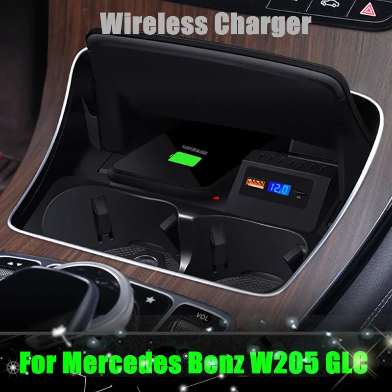 Wireless Phone Charger for Mercedes W205 AMG C-Class GLC C63 C43 Center Console QC3.0 PD Wireless Charging Pad Mat 10W 15W