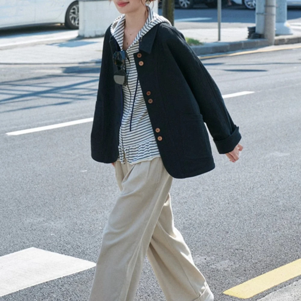 

Harajuku Long Sleeve Cropped Jacket Women Temperament Button Woman Vintage Outerwear Loose Streetwear Elegant Short Coats Female