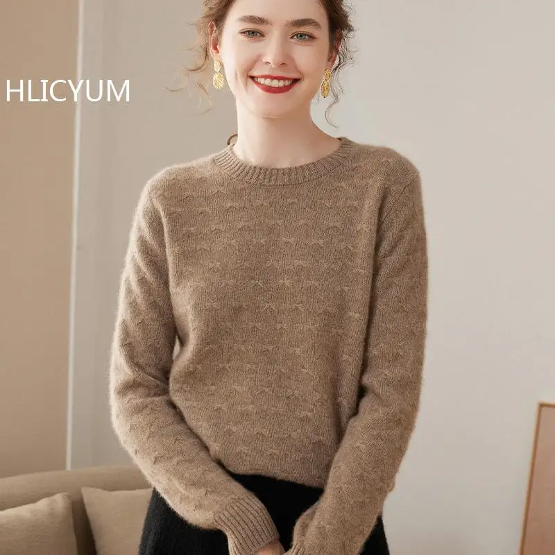 

Autumn/Winter Cashmere Sweater Women's Casual Solid Thick Knitted Hoodie Loose Wool Tops Round Neck Jumper Jacquard Bow Blouse