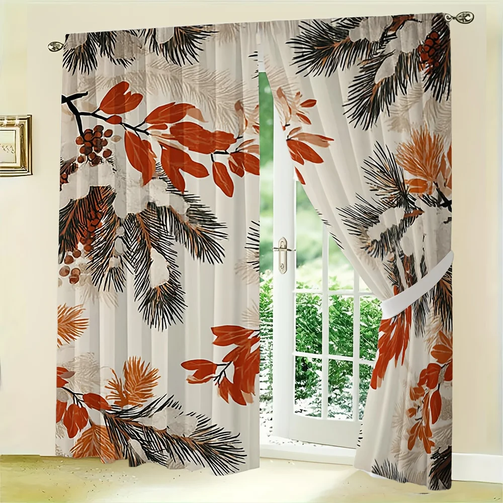 2pcs Pine & Maple Leaf Curtains No Rod — Cream Base, Autumn Pine Branches with Orange Leaves & Berries, Sheer Polyester for