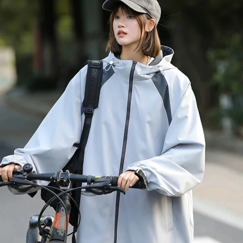 

Windproof Waterproof Hooded Riding Coat Women Men Autumn Couple Windbreaker Jacket Outerwear Outfits Coats Korean Women Clothing