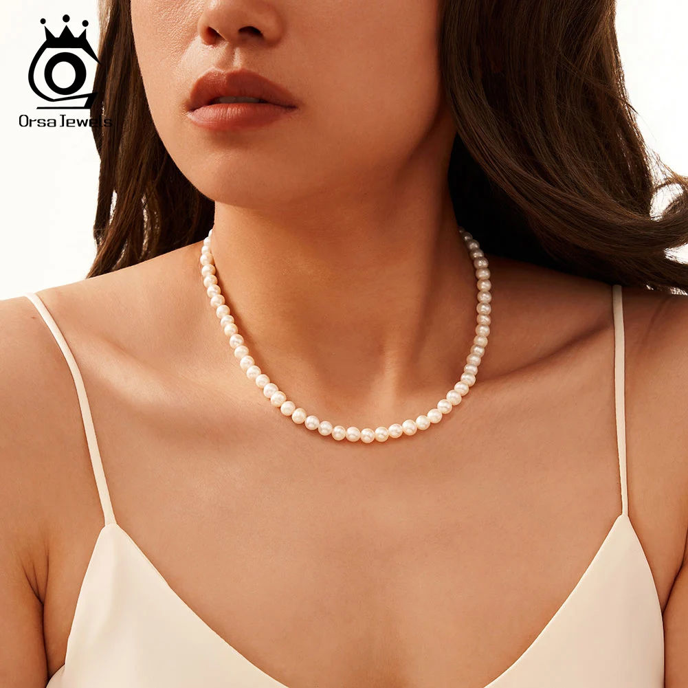ORSA JEWELS 5-6mm perły słodkowodne koraliki Choker łańcuszek 925 srebro naszyjnik z pereł dla kobiet delikatne akcesoria GPN75