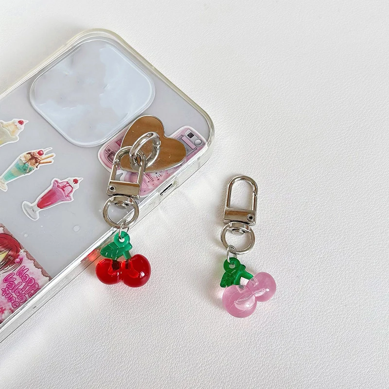 Pink & Red Cherry Strawberry Bow Mobile Phone Strap Charm Keychain For Girl Woman Bag Camera Pendant Sweet Cellphone Jewelry