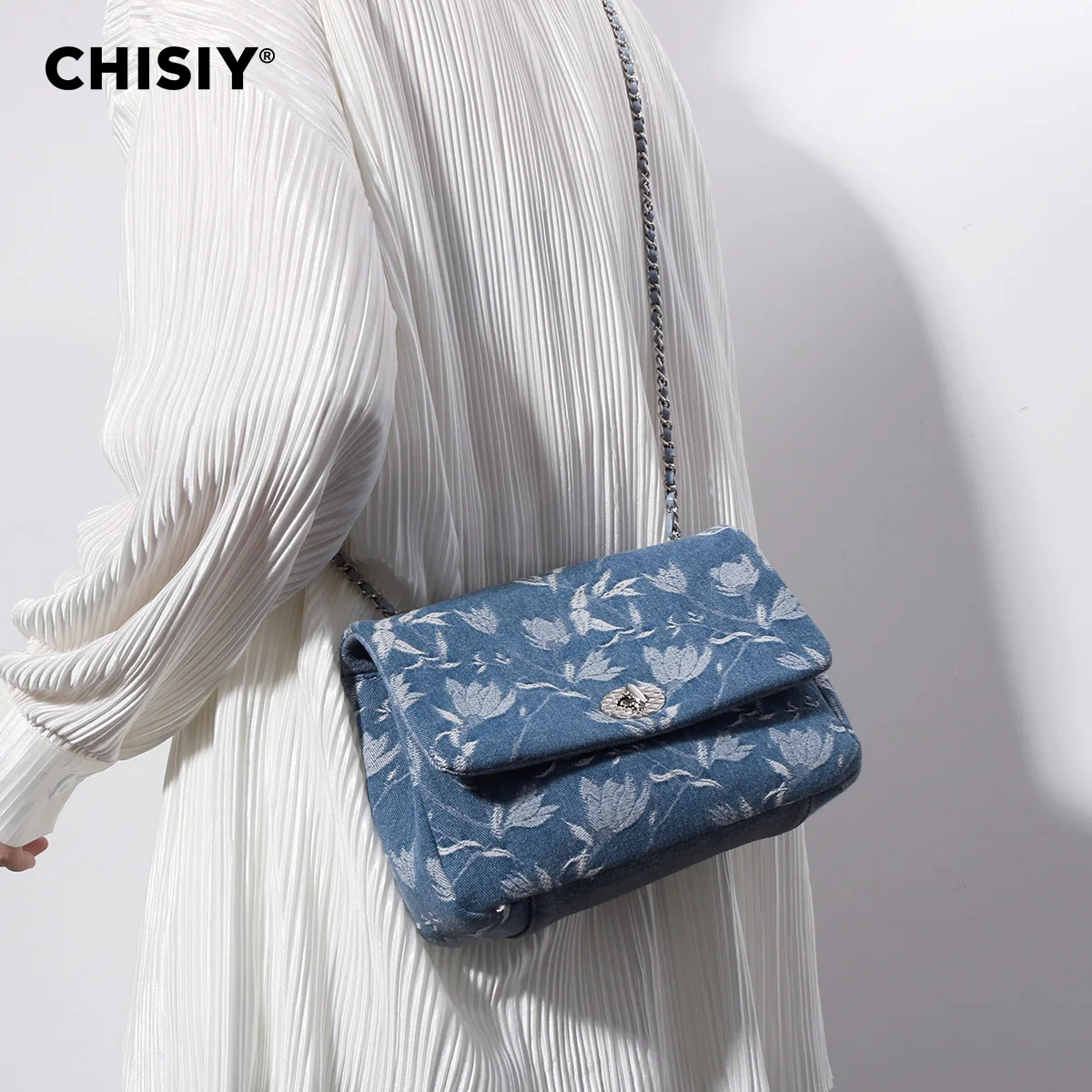 CHISIY Original Handmade Flower Embroidered Denim Chain Bag Fashion Dating Commuter One Shoulder Crossbody Bag