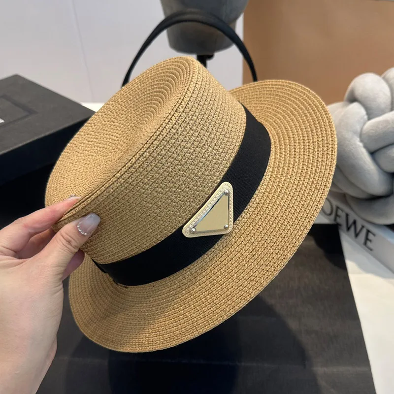 Летняя простая женская декоративная солнцезащитная соломенная шляпа с треугольным плоским верхом, солнцезащитная модная соломенная шляпа Tide