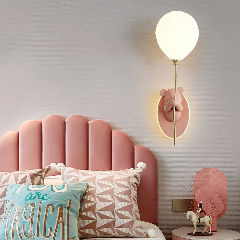 Pink Balloon Bear Wall Lamps Cute Children\'s Room Lamp Modern Warm Princess Room Nursery Girl Boy Bedroom Bedside Wall Lights