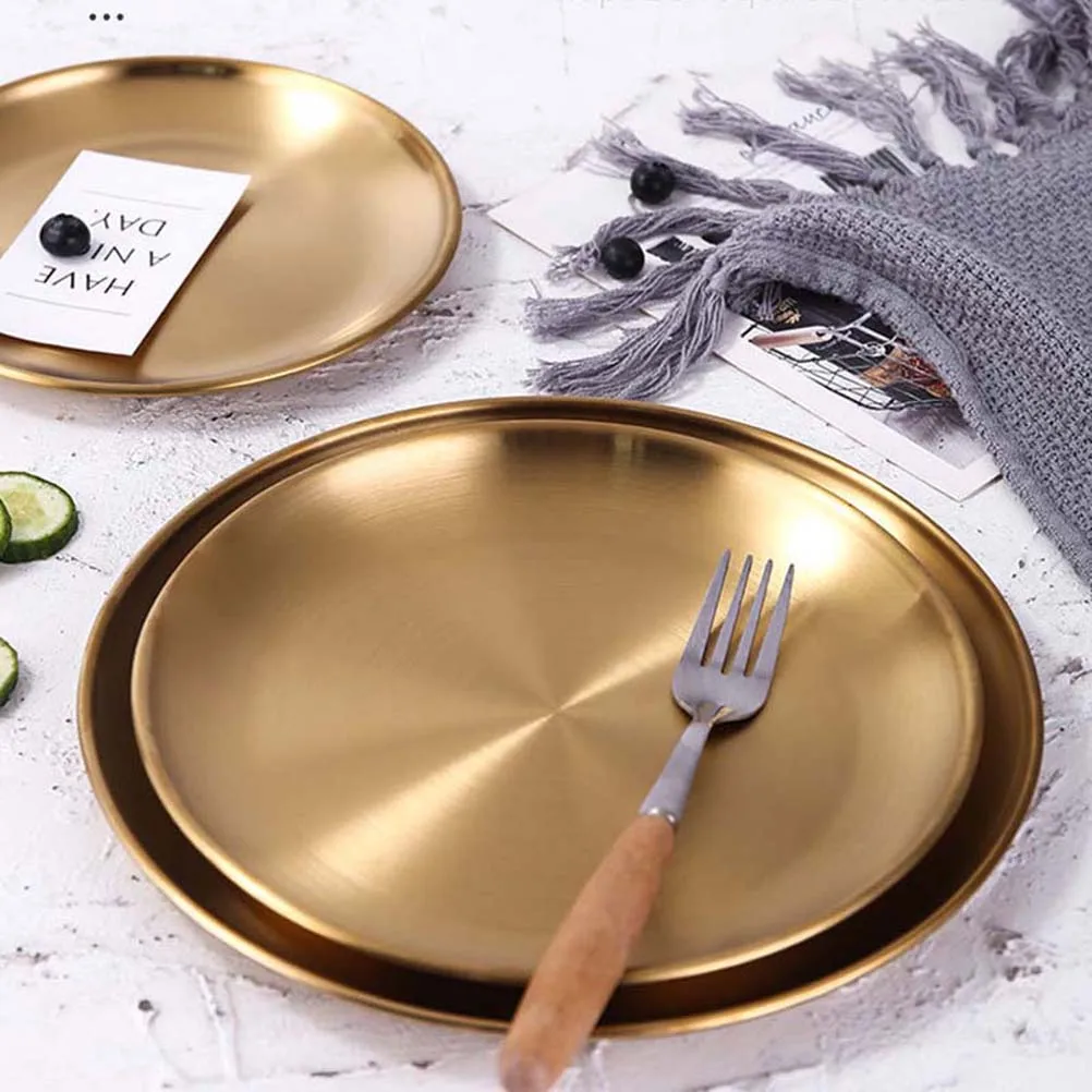 

Golden Plate Food Serving Stainless Steel Restaurant Tray Bread Nuts Dessert Storage Kitchen Party