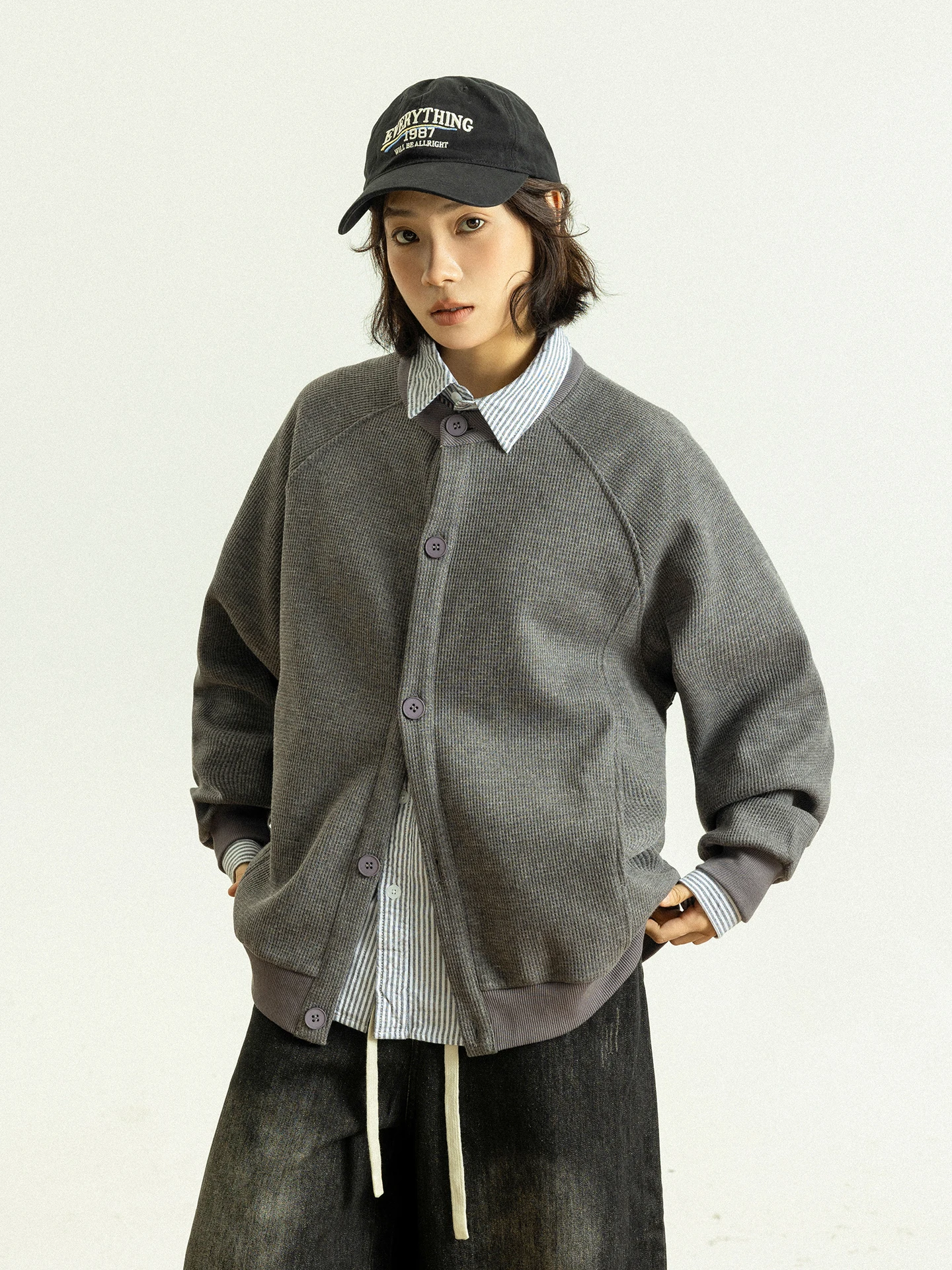 

GoodNorth Spring Vintage Single Button Open Cardigan Jaet Loose Casual round Ne Lazy Sle ex Polyester Cotton Blend