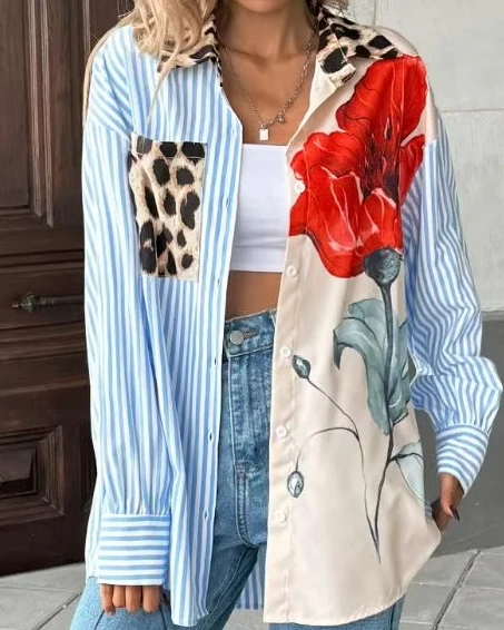 

Women's Long - Sleeve Button - Down Shirt, Striped & Floral Patchwork Design with Leopard Collar, Stylish Casual Blouse