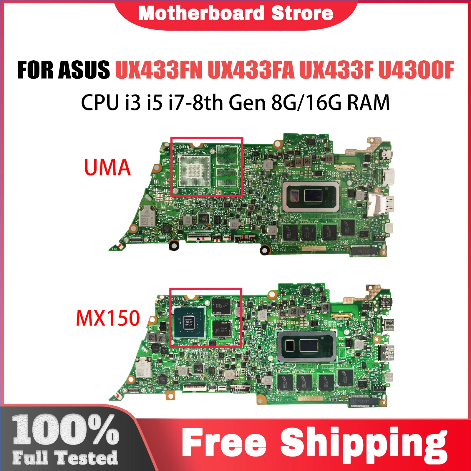 Computador Mainboard para ASUS ZenBook 13, Placa Mãe Laptop, UX433FN, UX433FA, U4300F, I3, I5, I7, CPU 8ª Geração, 8G, 16G RAM, MX150, UMA