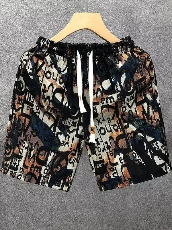 

Ice Silk Flower Men's Shorts Summer Thin Quick Dry Loose Sports Beach Pants Casual Outdoor Wear Five-Quarter Length