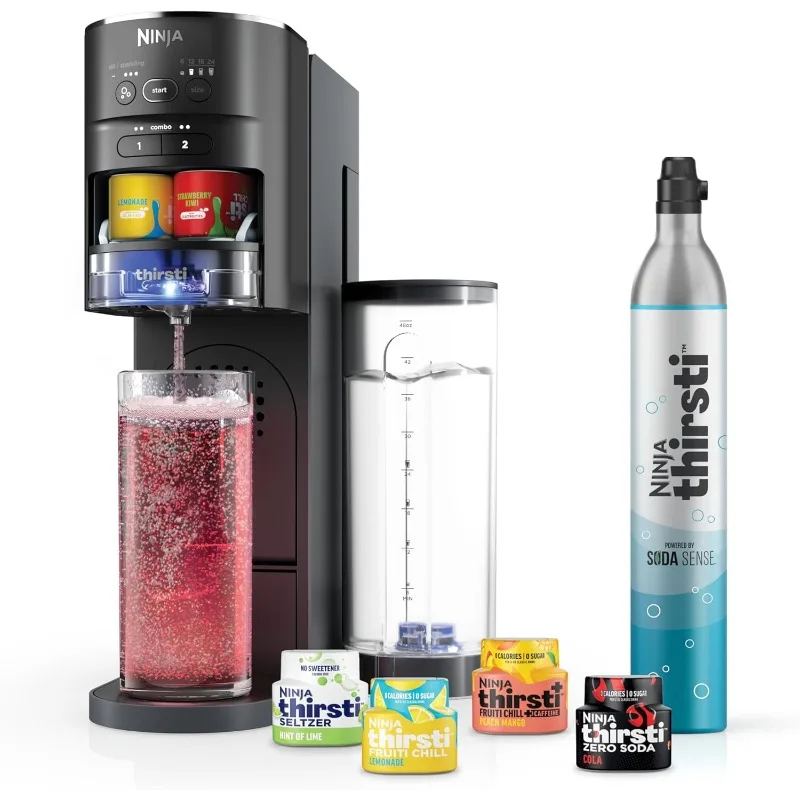 Ninja Thirsti Drink System, Soda Maker, Carbonated Water Machine,60L CO2 Cylinder & Variety of Flavored Water Drops,Black WC1001