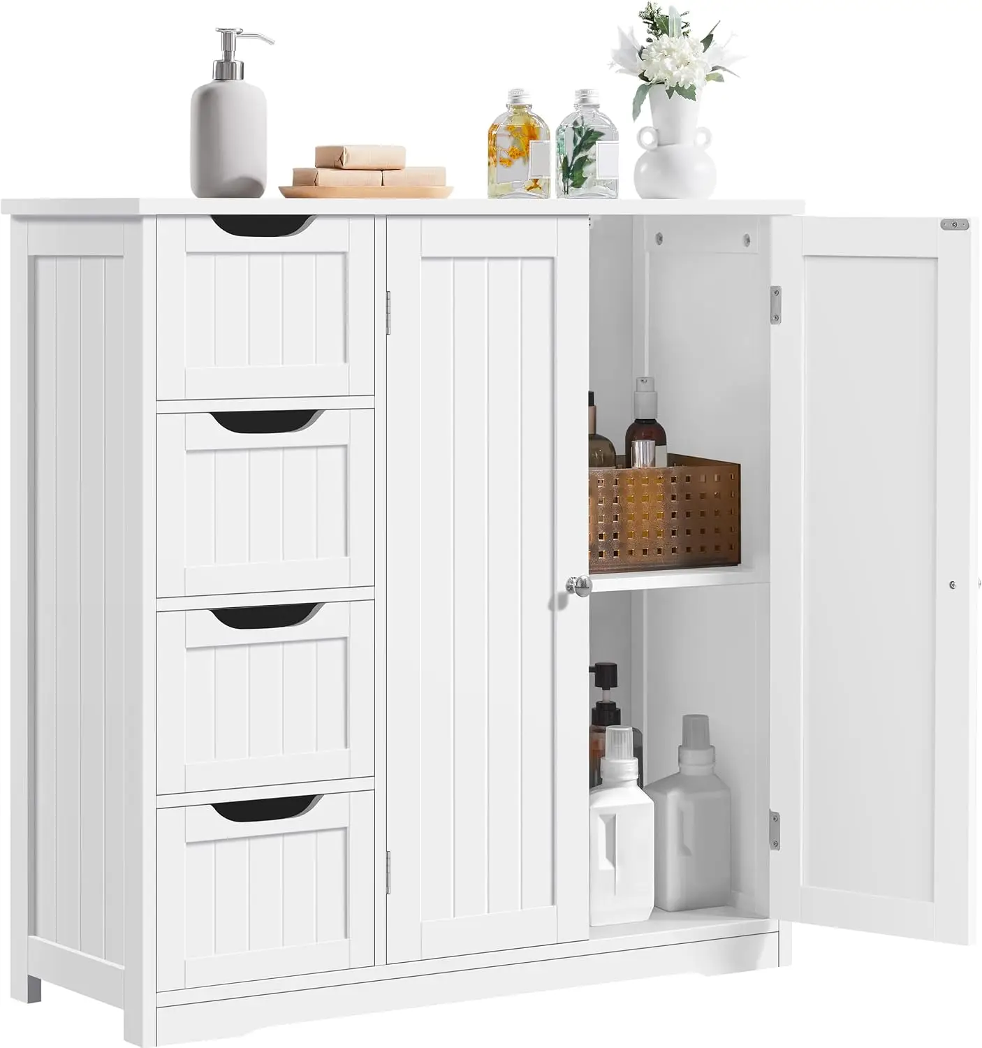 Wooden Bathroom Floor Cabinet, Side Storage Organizer Cabinet with 4 Drawers & Double Doors, Customized