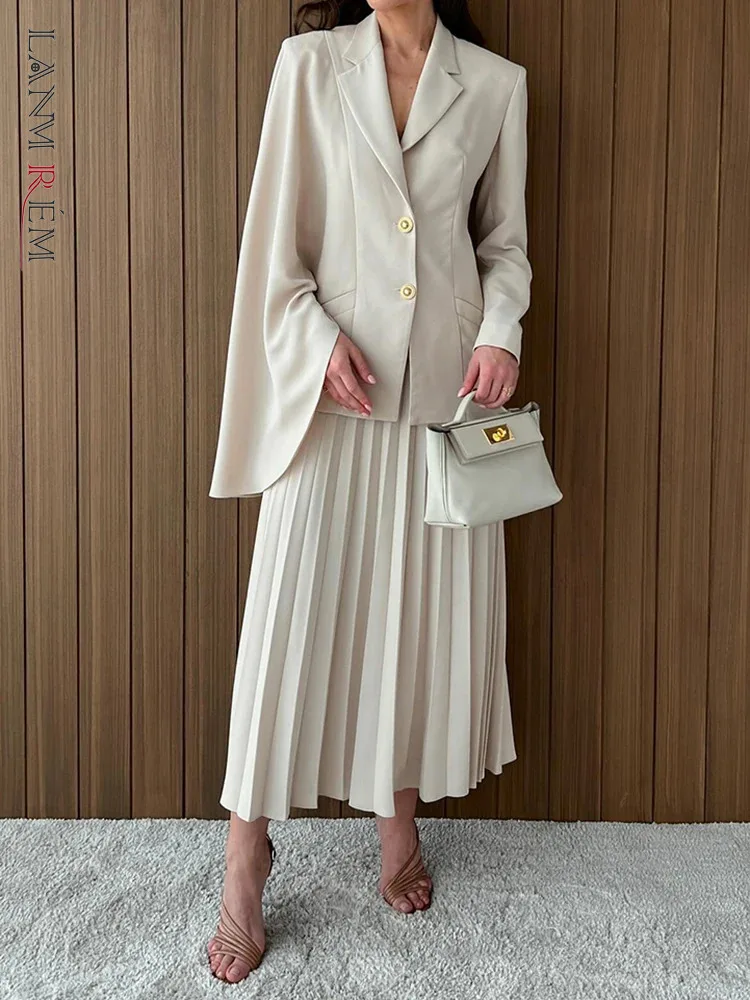 [LANMREM] Elegant Two Piece Women's Shawl Design Asymmetrical Long Sleeve Blazers High Waisted Pleated Skirts 2024 New 26D9377