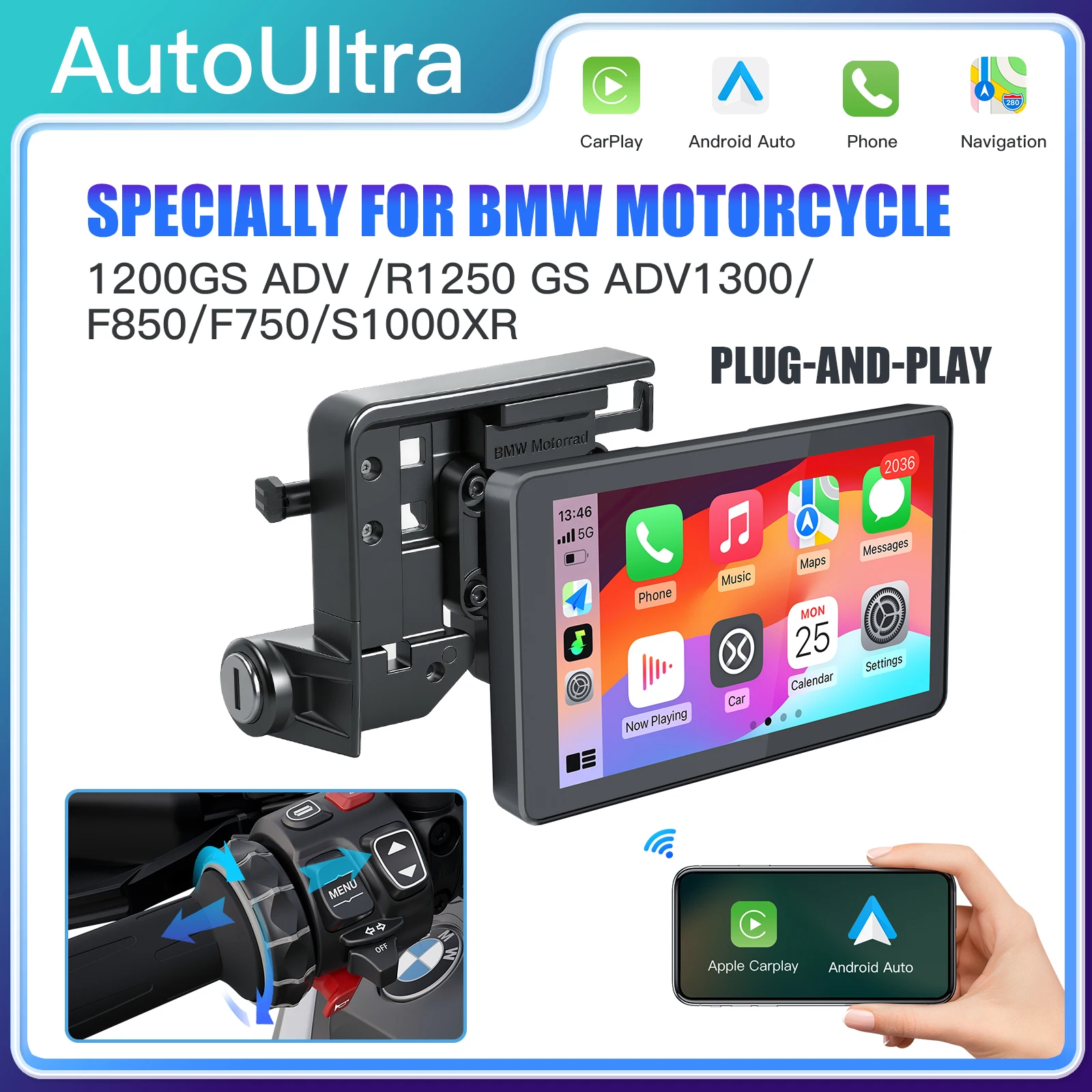 

AutoUltura MB6 для мотоцикла BMW, беспроводной CarPlay Android auto, портативный GPS-навигатор, IPx8, навигатор с Bluetooth