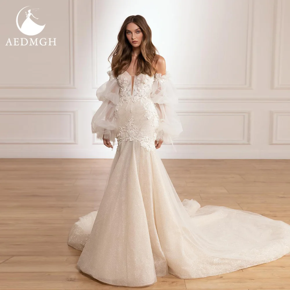 Aedmgh Mermaid Elegant Wedding Dresses Strapless Puff Sleeve Vestido De Novia Embroidery Sexy Sheath Custom Made Bridal Gown