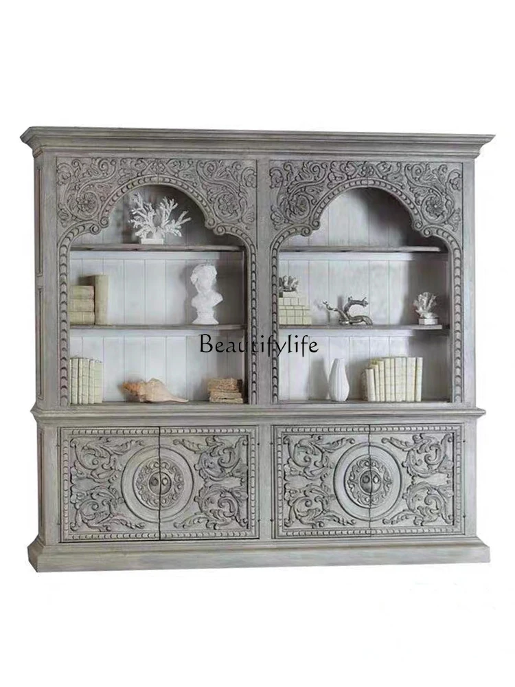 

French retro solid wood bookcase bookcase European carved display living room shelf American dining side cabinet