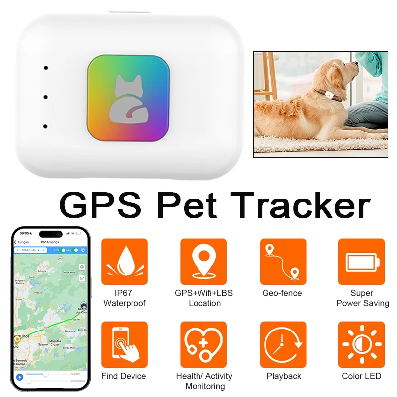 

GPS Pet Locator Smart Collar with Colorful LED Flash IP67 Waterproof Pet Pedometer Calorie Health Data Monitoring Mini Tracker