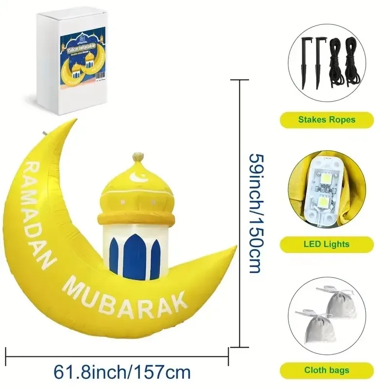 1.6M/5.2FT Inflatable Model Ramadan Moon Palace Build-in LED Light Blow Up Eid Mubarak Sign Outdoor Holiday Decorations