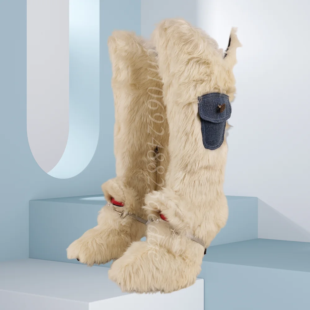 

Furry Demin Pocket Decor Miter Boots Knee High Fur Leather Shoes for Women Sexy Thin High Heels Shoes 2025 Zapatos Para Mujere