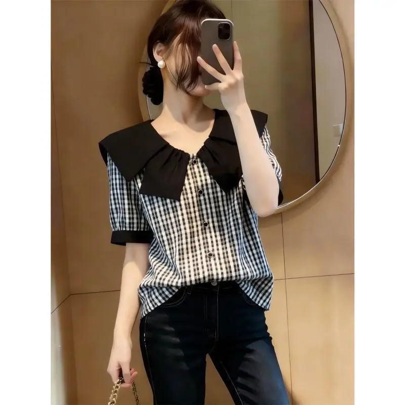 Women's Sweet Peter Pan Collar Patchwork Fake Two Piece Plaid Blouse Summer New Button Korean Top