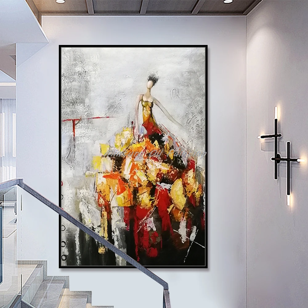 Mintura Wall Picture for Living Room Oil Paintings on Canvas,Hand-Painted The girl in A Long Skirt Hotel Decor Wall Art,No Frame