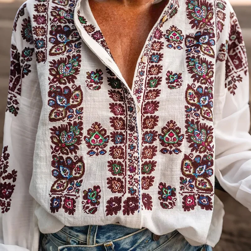 

Женская хлопковая рубашка Ele Symmetrical Le с вышивкой в стиле ретро, свободного кроя, с длинным рукавом, дышащая, комфортная, с цветочным узором