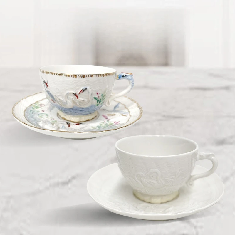 Elegant Swan Embossed Ceramic Tea Cup Saucer SET Hand Painted French