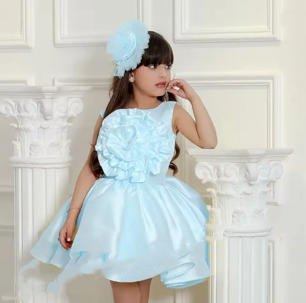 

Customized Yellow Satin Flower Girl Dresses For Wedding Mini O-Neck Knee Length Kids Birthday Party First Communion Ball Gown