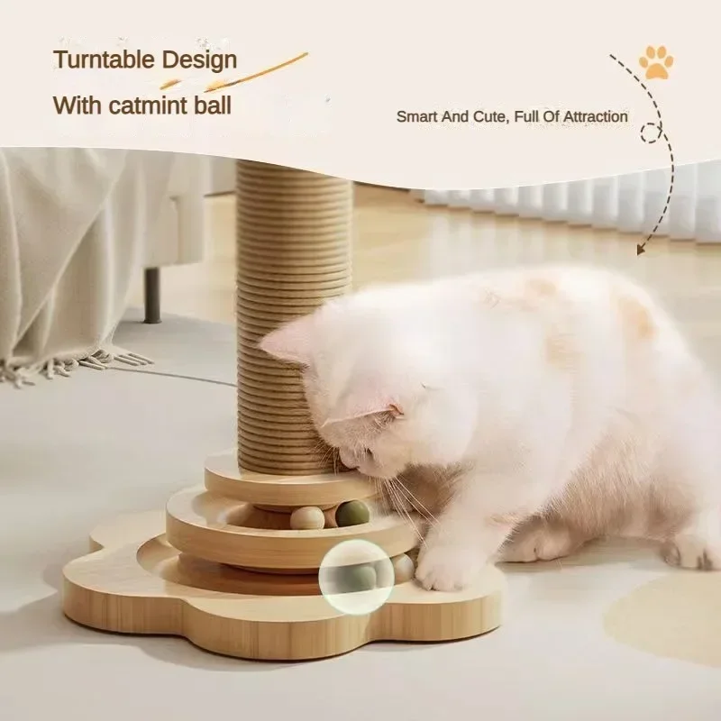 One-piece Pet Sisal Scratching Board Cat Toys Solid Wood Cat Climbing Frame Durable Cat Grab Column with Turntable Cat Toys