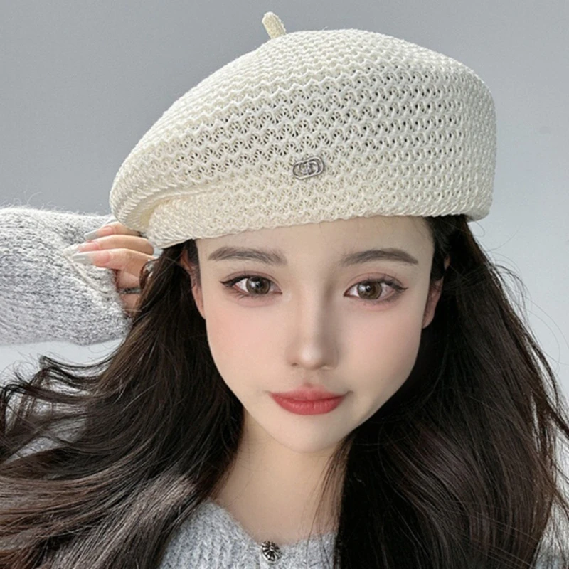 Women Fixed Pleated Paper Straw Beret Summer Milk Silk Knit Breathable Big Artist Fashion Painter Hat