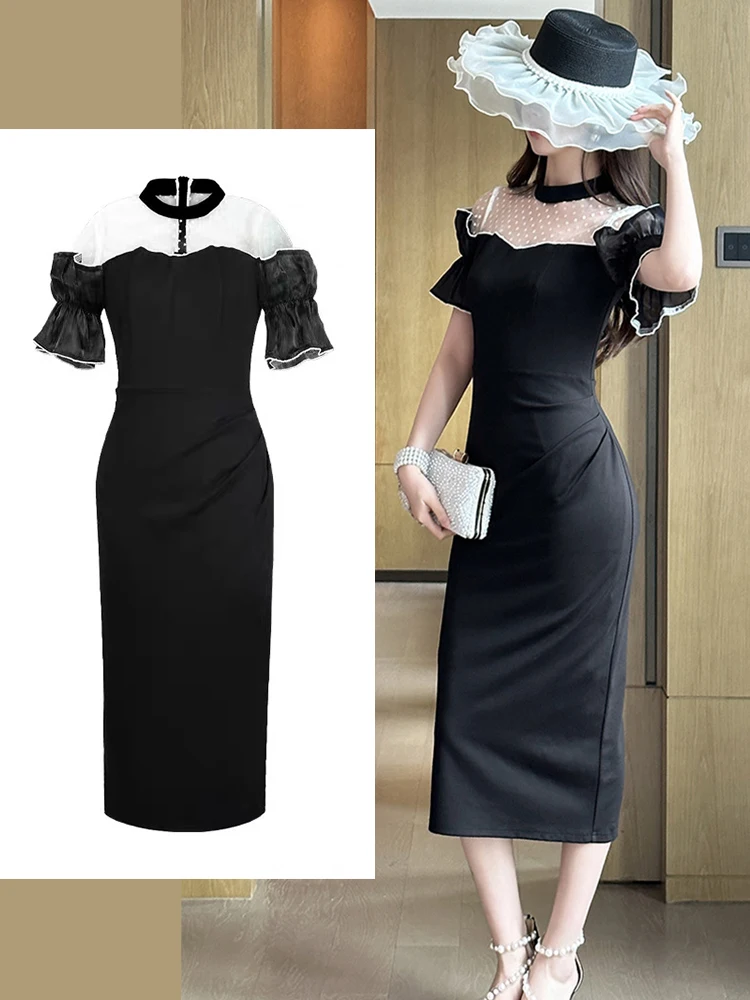여성 의류 이브닝 블랙 메쉬 섹시 오프숄더 슬림 펜슬 드레스 우아한 여성 패션 파티 드레스 정장 여름