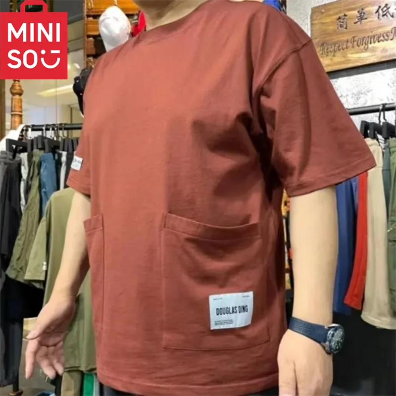 MINISO Summer Retro custom Patch Bag tinta unita t-shirt a maniche corte per uomo e donna tasche larghe e versatili