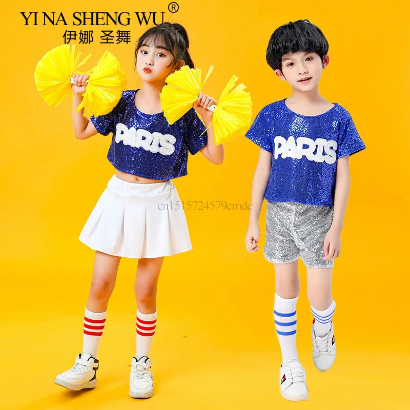 Jungen und Mädchen Jazz Dance Pailletten Set Kinder Hip Hop Modern Street Dance Bühnenkostüme Cheerleading Pailletten Set