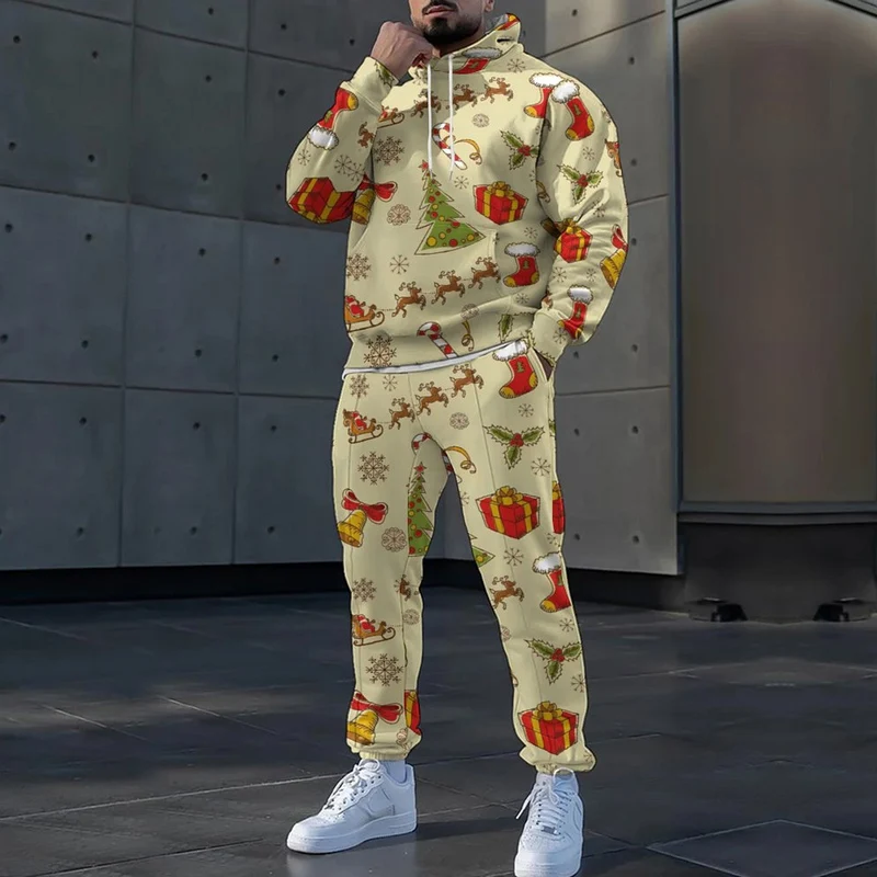 

Винтажная мужская толстовка с капюшоном и брюками с рождественским узором и принтом, спортивный костюм, модный свободный комплект из 2 предметов, мужская одежда