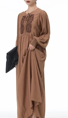 Retro embroidery loose lace-up o neck Lantern Sleeve summer Dress A-line Vacation print Women Elegant sweet dresses