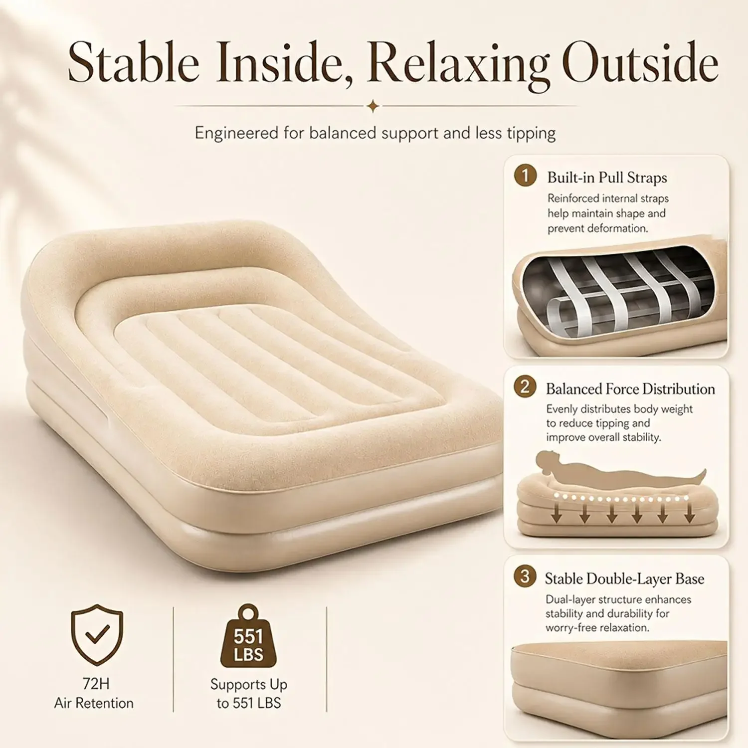 3-In-1 Convertible Sleeper Sofa Bed Heavy Duty Flocked Inflatable Air Couch Built-in Backrest Waterproof Foldable Mattress Portable Furniture with Air Pump for Indoor Bedroom Living - view 6