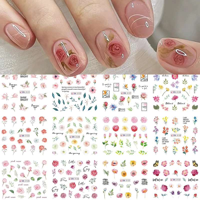 12pcs Marble Wave Nail Stickers Ink Watercolor Stone Water Transfer Sliders Tattoo Nail Art Decals Summer Flower Manicure BN3125