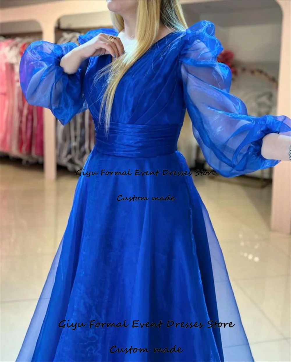 Giyu A-Line Deep V-Neck Evening Gown Dress Blue Full Sleeve Floor-Length Prom Dress Vestidos De Fiesta Elegantes Para Mujer 2024