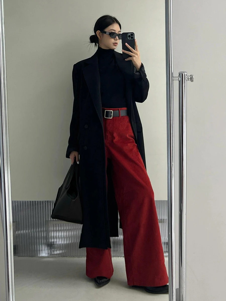 ReddaChic Women's Velvet Wide Pants New Year Party Vintage Red Plain Clean Fit High Waist Trousers Work Casual Everyday Wear