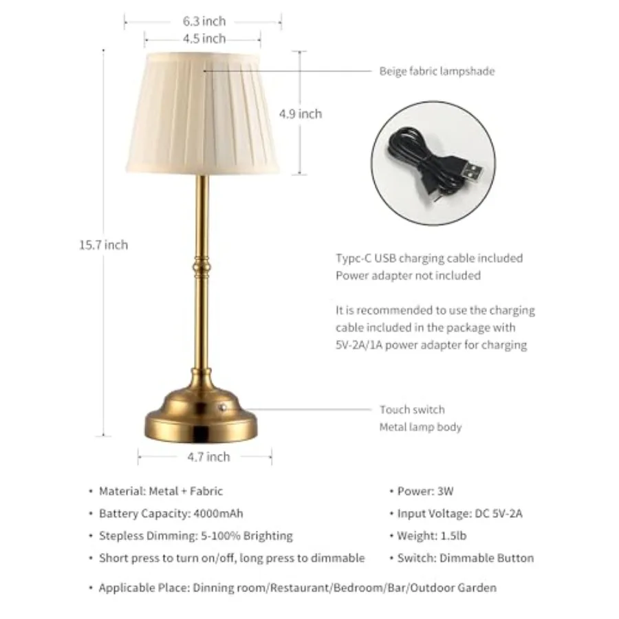 Portables Cordless Table Lamp, Fabric Shade Desk Lamp, 4000mAh Rechargeable Battery Powered Lighting, Dimmable Light for Dining view 5