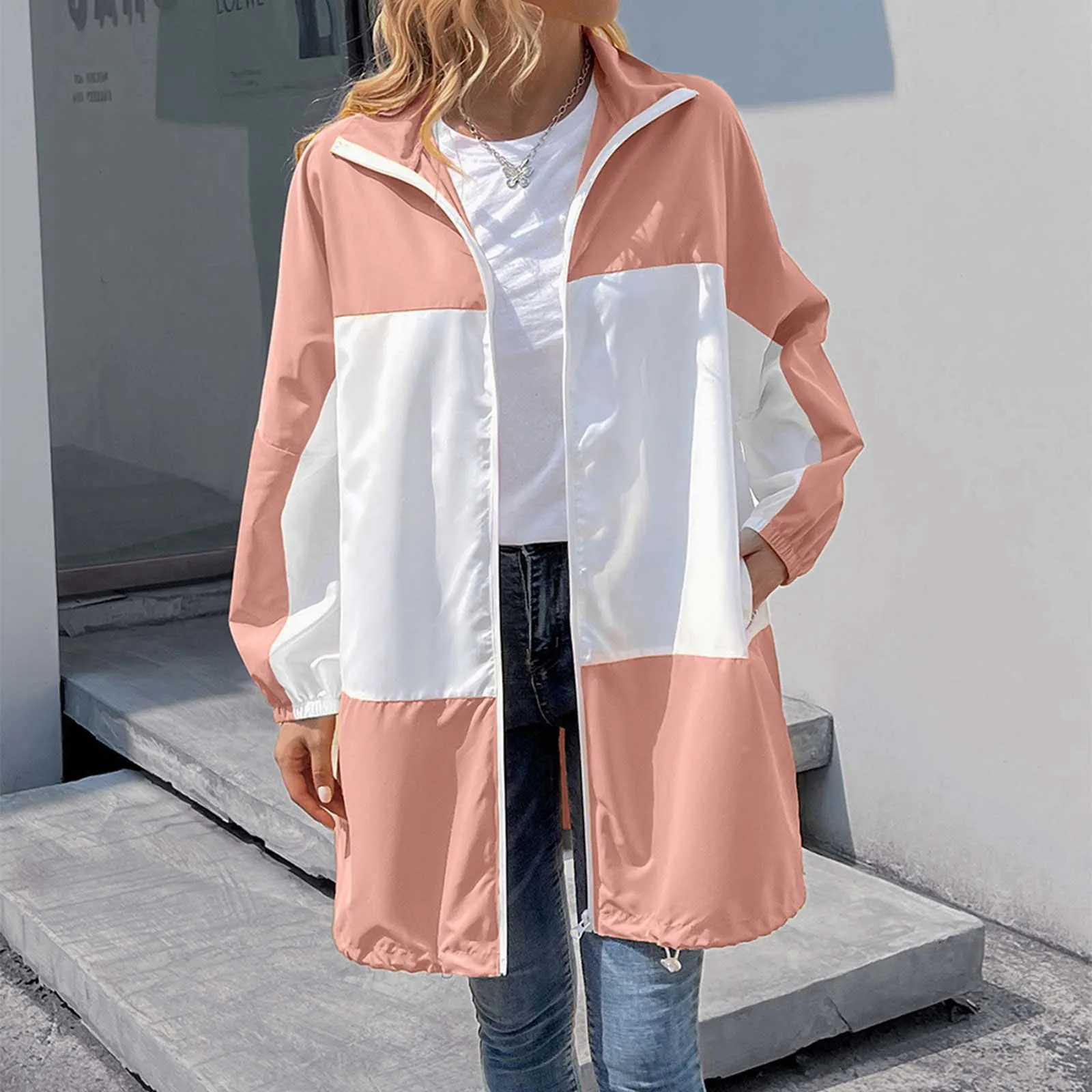 

Women's Hooded Color-Matching Raincoats Outdoor Blazer Plus Size Waterproof Jacket Fashion Hiking Wear Casual Jacket Tops