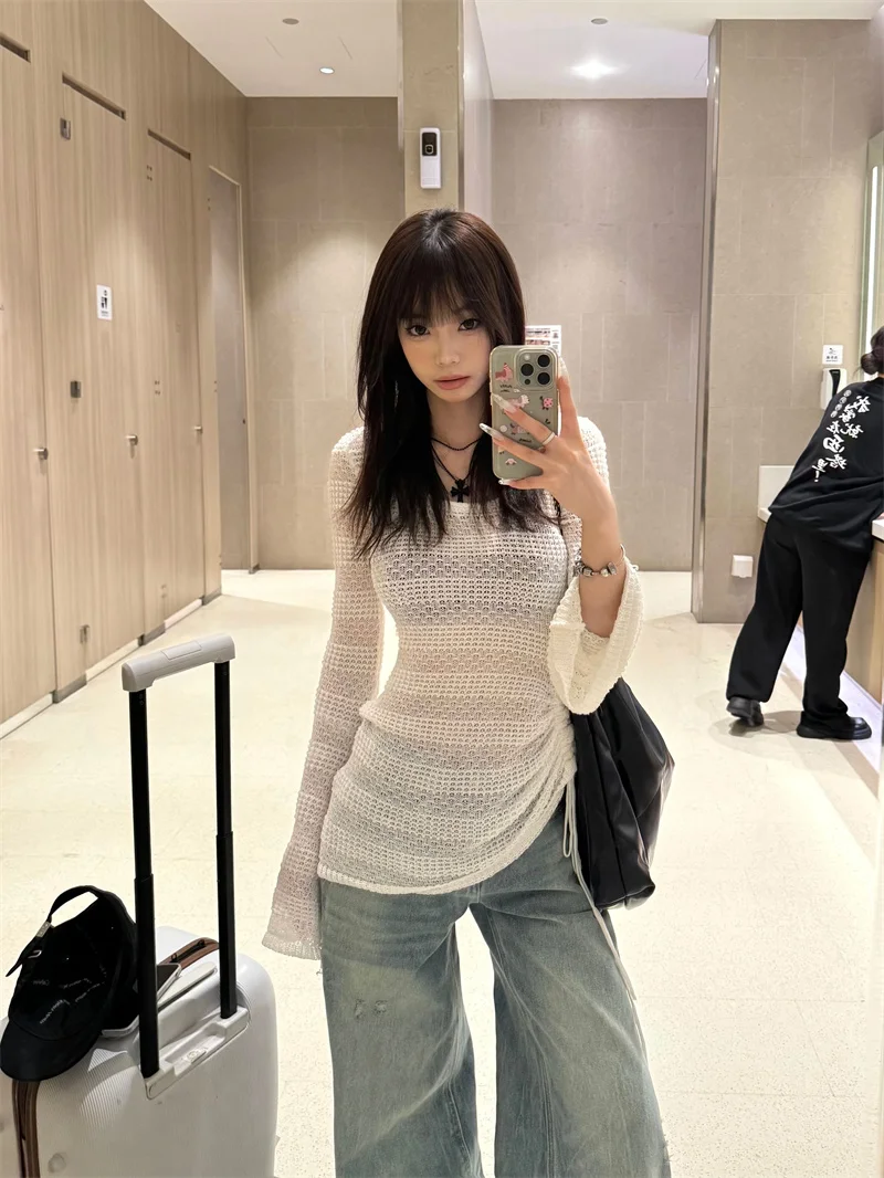 Hollow Out Long Sleeve Knitwear Summer New Beach Cover Up Drawstring Off Shoulder Design Solid Slim Irregular Pullover Women