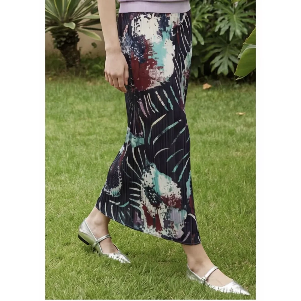 Miyake Pleated Printed Skirt 2026 Summer New Waist-Cinching Retro Printed Jupe Low-Key Elegant Temperament Loose Versatile Skirt