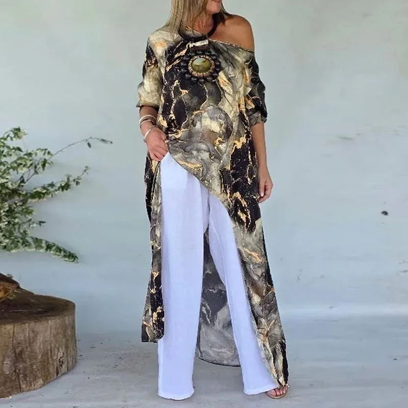 Abito lungo irregolare cavo sexy con una spalla Donna Primavera Texture Stampa Abito da sera allentato Abito Boho a maniche lunghe autunnale Mujer