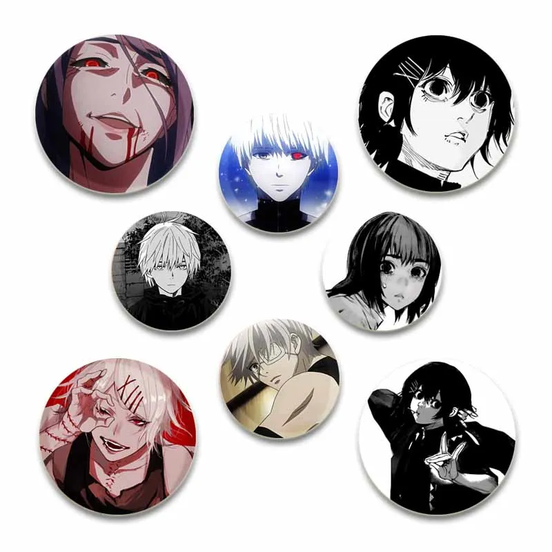 Anime Figures Ken Kaneki/Touka Kirishima/Rize Kamishiro Badge Tinplate Pins Handmade Brooches for Backpack Clothes Decoration